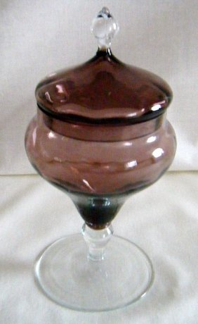 Vintage plum and clear glass comport w. cover