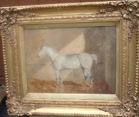 19th C oil on canvas, Hunter in a stable