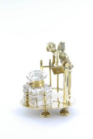 Brass Cherub Ink Well Holder with Glass Ink Well