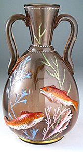 FINE PROBABLY HARRACH GLASS VASE w. APPLIED FISH