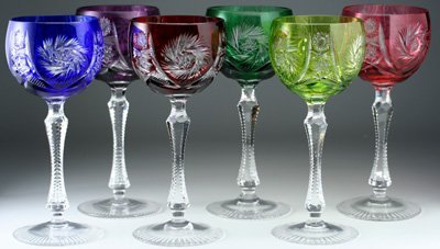 SET 1950s BOHEMIAN OVERLAY CUT GLASS HOCK GLASSES