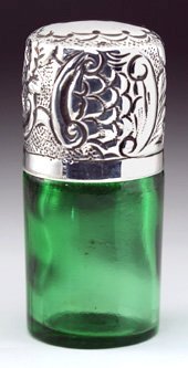 GREEN GLASS SCENT PERFUME BOTTLE, SILVER TOP