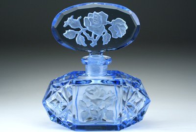 CZECH ART DECO BLUE GLASS ROSE SCENT PERFUME BOTTLE