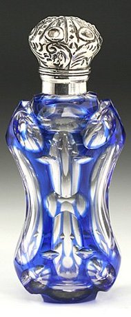 BLUE OVERLAY SCENT PERFUME BOTTLE, SILVER TOP