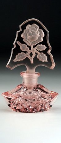 MINIATURE CZECH DECO SCENT PERFUME BOTTLE WITH ROSES TOP