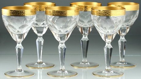 SET OF SIX CUT CRYSTAL WINE GLASSES WITH RELIEF FLORAL GOLD RIMS