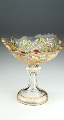 LOBMEYR INTAGLIO CUT & GILDED GOOSEBERRY MOTIF COMPOTE TAZZA