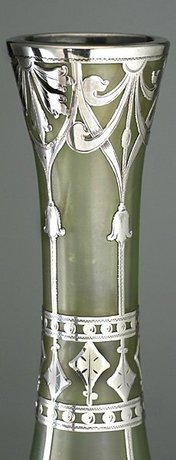 OLYMPIA VASE WITH SILVER OVERLAY, PROBABLY LOETZ AND ALVIN
