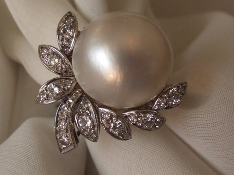 MABE PEARL & DIAMOND COCKTAIL DRESS RING Estate Vintage