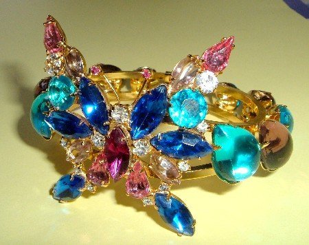 Vintage Multi-coloured Rhinestones Butterfly Clamper Bracelet