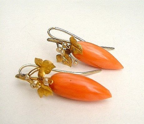 Victorian 18ct Gold Pearls and Real Coral Antique Earrings