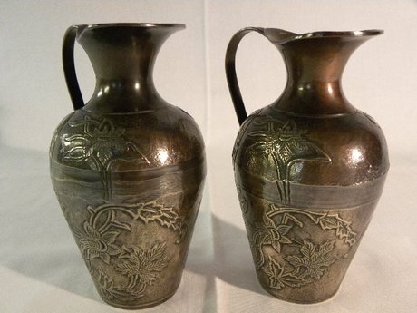 Pair of brass/bronzed jugs